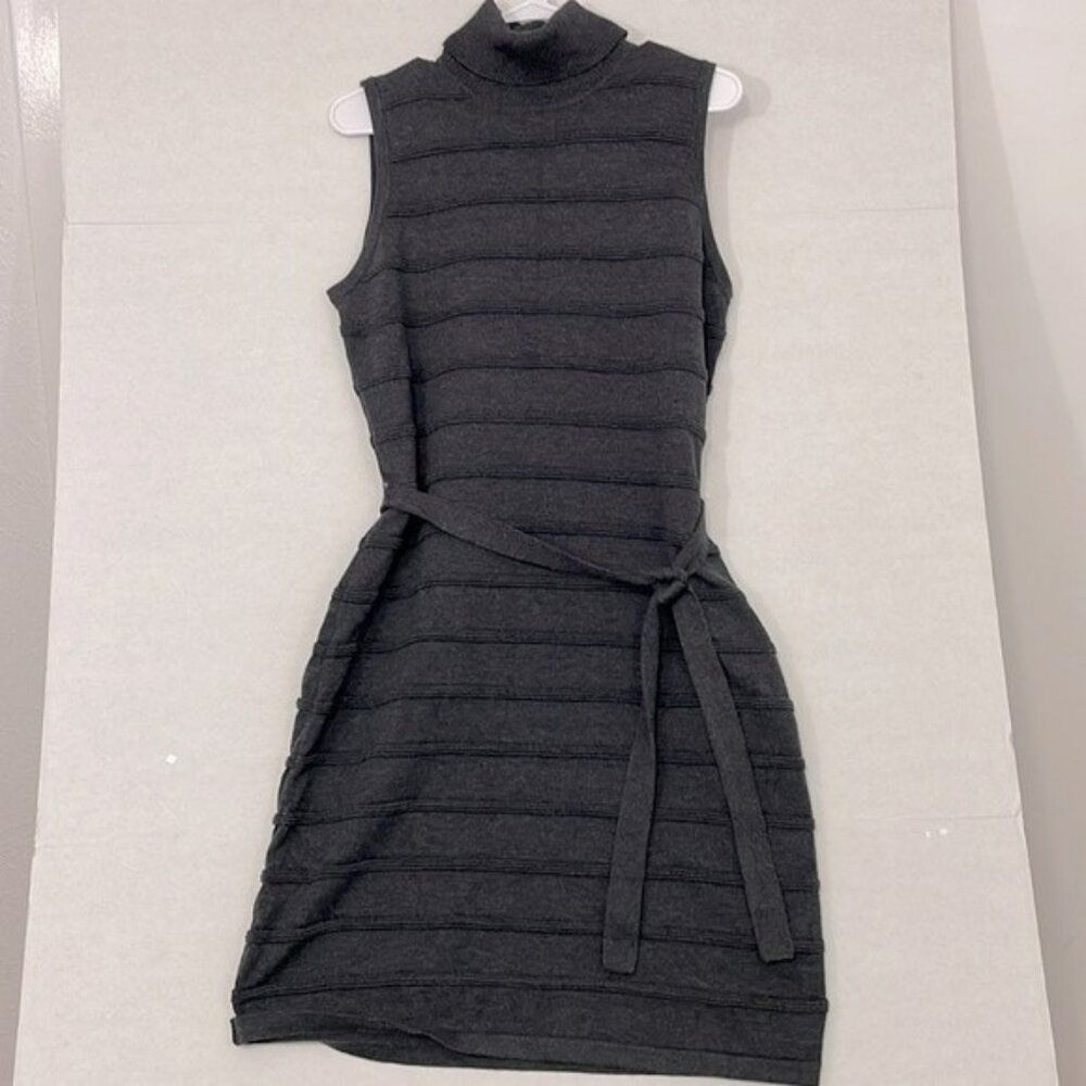 Sleeveless Turtleneck Knit Belted Dress - Charcoal